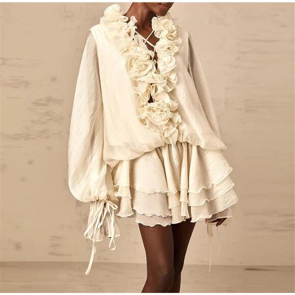 Unbranded Dresses & Skirts - Womens Apricot High Waist Spliced Appliques Lantern Sleeve Mini Dress Medium